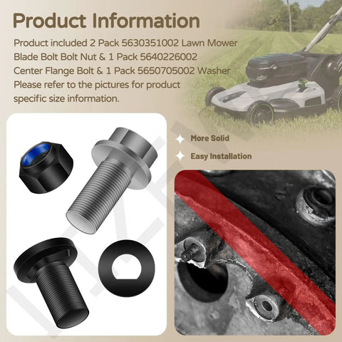 Two Pack 5630351002 Lawn Mower Blade Bolt Nut, One Pack 5640226002 Center Flange Bolt, One Pack 5650705002 Washer Kit shown