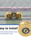 Built Like A Tank 4 Inch Sliding Gate Rollers Wheels 2 Pack, showing golden V groove wheels for easy installation on fences.