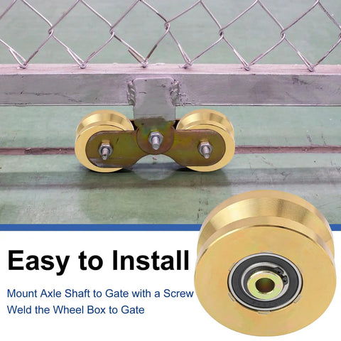 Built Like A Tank 4 Inch Sliding Gate Rollers Wheels 2 Pack, showing golden V groove wheels for easy installation on fences.