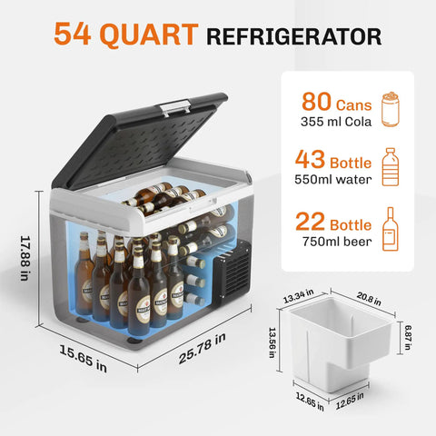 12 Volt Refrigerator With 54 Quart Capacity Portable Freezer Electric Cooler Includes Ac Dc Cords For Road Trips And Camping Keeps Your Gear Chilled Out While You Kick Back No Sweat Cooling Setup filled with drinks and snacks, 54 quart capacity.