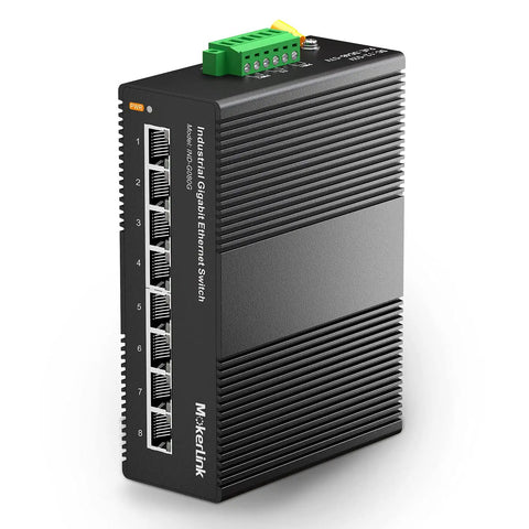8-Port Gigabit Industrial DIN Rail Ethernet Switch With 16Gbps Switching Capacity, IP40 Rated, rugged aluminum case