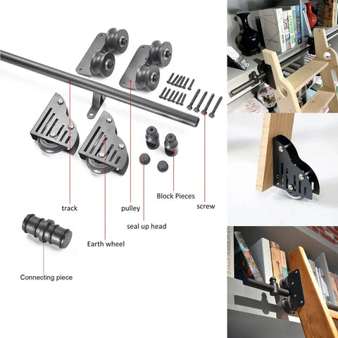 Premium Heavy Duty Sliding Ladder Track Kit Smooth Operator Barn Door Hardware parts including track, pulleys, and casters.