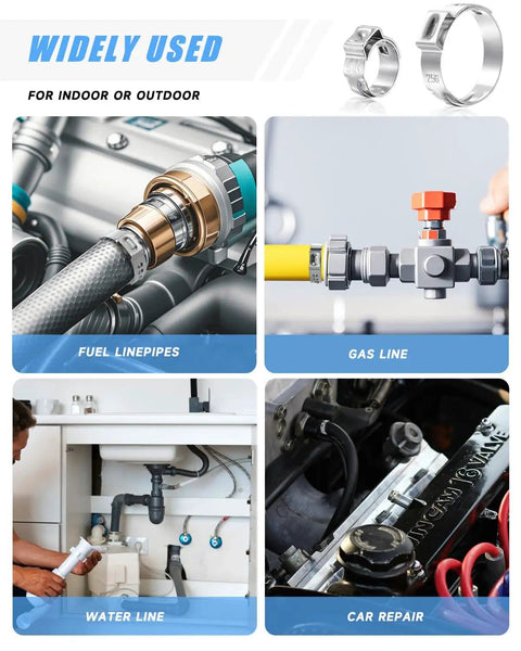 All In One 120 Piece Hose Clamp Kit With 304 Stainless Steel Single Ear Clamps In 12 Sizes used in various pipe repairs.