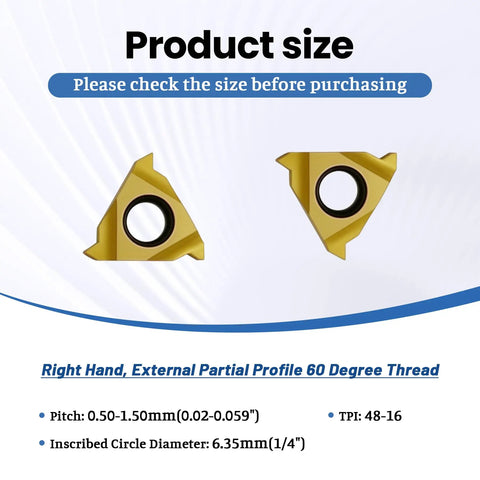 11ER A60 External Threading Carbide Inserts Pack For Steel, 60 Degree Right Hand Turning Inserts For Lathe, showing product size