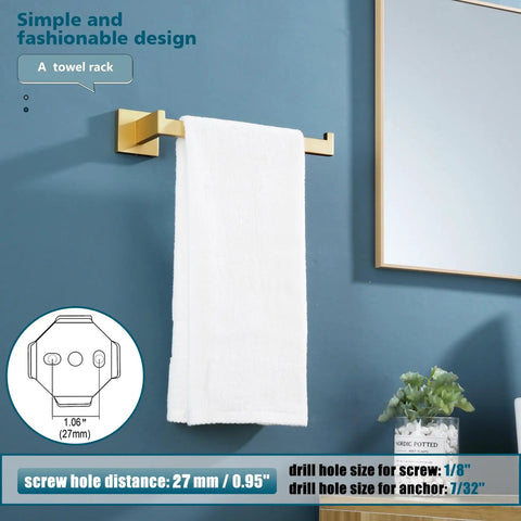 Brushed Gold Towel Bar Wall Mounted Hand Towel Holder For Bathroom And Kitchen Stainless Steel Rustproof Hardware shown with towel