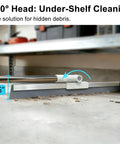 180° head of 19.7 Inch Wide Floor Squeegee With 51-58 Inch Telescoping Stainless Steel Handle cleaning under shelf