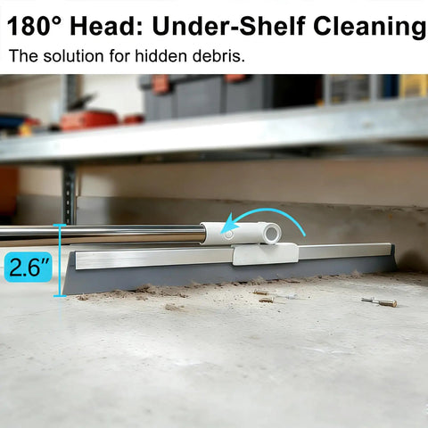 180° head of 19.7 Inch Wide Floor Squeegee With 51-58 Inch Telescoping Stainless Steel Handle cleaning under shelf
