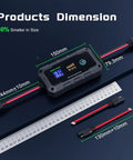 20A 12V/24V MPPT Wireless Solar Charge Controller With Bluetooth App, dimensions with ruler, black compact design, 60V PV input