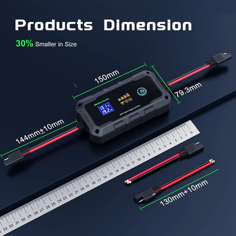 20A 12V/24V MPPT Wireless Solar Charge Controller With Bluetooth App, dimensions with ruler, black compact design, 60V PV input