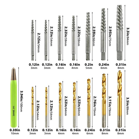 Heavy Duty Screw Extractor And Left Hand Drill Bits Set, Cobalt Tool Steel Broken Bolt Removers Stripped Screw Ejectors in various sizes.