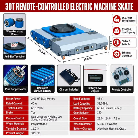 Heavy Duty 30 Ton Electric Machinery Skate Dolly With Remote Control featuring 360 Degree Rotating Load Plate and high power low noise motors.