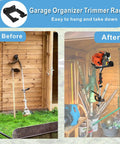 Before and after using Heavy Duty Garage Organizer Wall Mount Trimmer Rack and Garden Tool Gear Hanger in shed.
