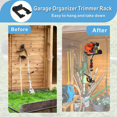Before and after using Heavy Duty Garage Organizer Wall Mount Trimmer Rack and Garden Tool Gear Hanger in shed.