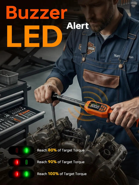 Mechanic using Digital Torque Wrench 3/8 Drive With 5-99.5 Ft-Lb Range, 6.7-135 Nm, 1% Accuracy, Electric LCD Readout on engine