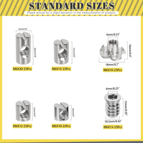 Pro Grade 150 Piece M6 Barrel Nut And Tee Nut Fastener Set with sizes and measurements displayed