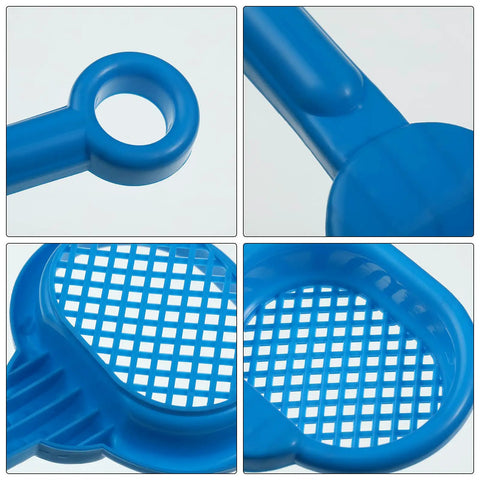 Close-up of blue component in the Eight Piece Kid Friendly Beach Sand Shovel Set With Colorful Plastic Rakes And Sifters For Summer Play Gardening Digging Tools Lightweight Travel Beach Essentials For Little Builders