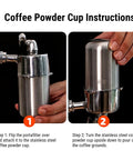 Coffee Powder Cup Instructions showing stainless steel coffee powder cup with portafilter attachment steps.