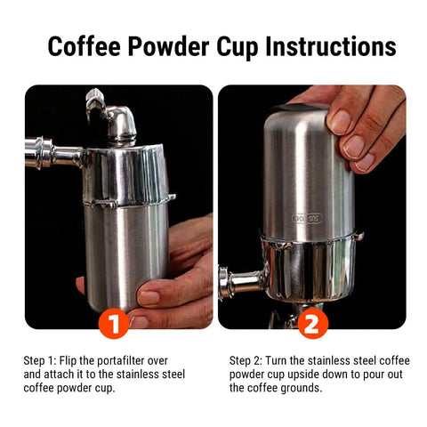 Coffee Powder Cup Instructions showing stainless steel coffee powder cup with portafilter attachment steps.