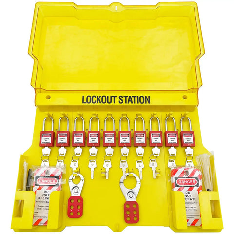 Built Tough Lockout Tagout Station With Clear Viewing Lid Fully Loaded Loto Kit Holding 14 Numbered Padlocks Heavy Duty Hasps Safety Tags Nylon Cables For Tradesmen