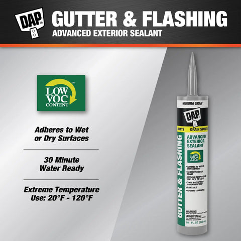 Gutter And Flashing Exterior Sealant Advanced Hybrid Polymer Waterproof Sealant Medium Gray 10.1 Oz tube with details.