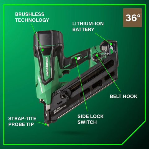 36V Cordless Metal Connector Nailer With MultiVolt 2.5Ah Battery, Cranks 1-1/2 To 2-1/2 Inch Nails, 900 Nails Per Charge, Pro Tools Innovation Award Winner, NR3665DA shown with features labeled.