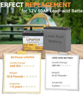 12V 50Ah LiFePO4 Deep Cycle Battery With Built In 50A BMS displayed as a replacement for 12V lead-acid battery on wooden table