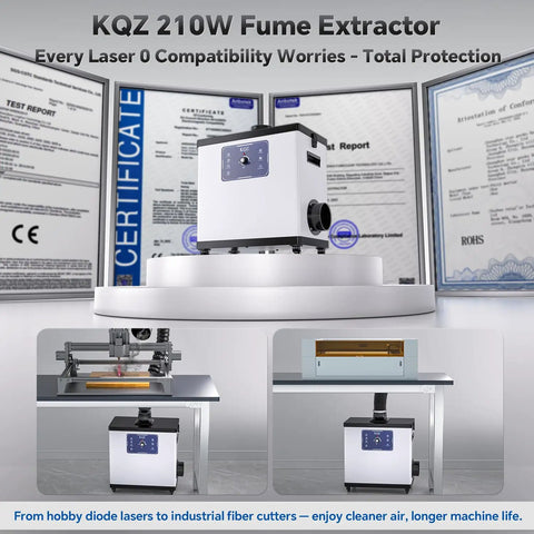 Industrial Grade Laser Fume Extractor With Exhaust Hose For Laser Engraver And Cutter Under 60W on display with certificates.