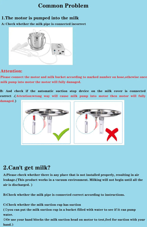 Portable Electric Goat Milking Machine Auto Milker With 3L Stainless Steel Bucket, Fast Daily Milking For Goats And Sheep, Gentle Yet Efficient, A Real Time Saver For Small Farms And Home Use. troubleshooting guide with bucket, motor, hoses, and suction cover