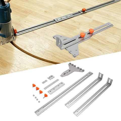 Rock Solid Router Milling Bracket With Adjustable Circle Cutting Jig And Straight Edge Guide stainless steel fixture on wood surface.