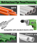 Multi-functional Pipe Threader Kit showing MPP, PPR, PVC, and plastic pipes with drill adapter for 1/2 and 3/4 inch pipes.