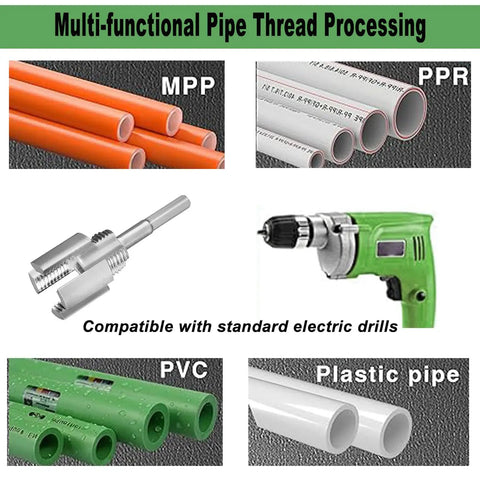 Multi-functional Pipe Threader Kit showing MPP, PPR, PVC, and plastic pipes with drill adapter for 1/2 and 3/4 inch pipes.
