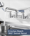 Heavy Duty Wall Mount Kitchen Faucet With Dual Handles In Classic Chrome Featuring An Adjustable Seven To Eight Inch Center And Smooth Three Sixty Swivel Spout with water flow.