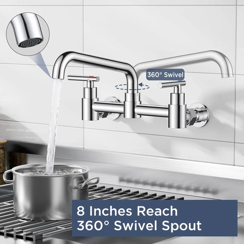 Heavy Duty Wall Mount Kitchen Faucet With Dual Handles In Classic Chrome Featuring An Adjustable Seven To Eight Inch Center And Smooth Three Sixty Swivel Spout with water flow.