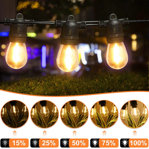 96 Ft Outdoor LED String Lights With 32 Shatterproof Filament Bulbs 2700K Warm Glow Waterproof Patio Lights in dimmable settings view