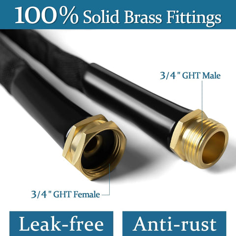 Gnimihz garden hose, 50ft, black TPE, close-up of 3/4-inch GHT brass male and female fittings
