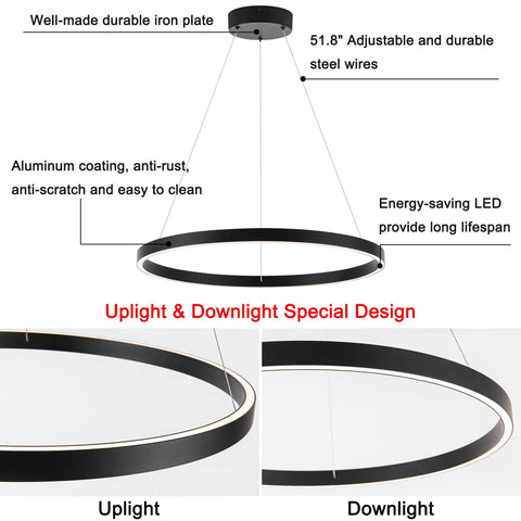 Modern LED Ring Chandelier With Uplight And Downlight, Black Dimmable Circular Pendant Light diagram
