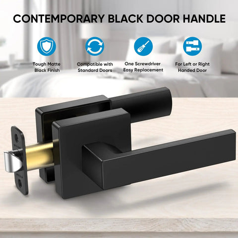 Matte Black Door Lever Set Heavy Duty Reversible Square Handle with strike plate on wooden surface