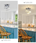 Semi Flush Mount Ceiling Light With Dope Crystal Shades 3 Light Modern Close To Ceiling Fixture in a kitchen, turned on and off