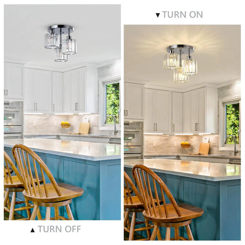 Semi Flush Mount Ceiling Light With Dope Crystal Shades 3 Light Modern Close To Ceiling Fixture in a kitchen, turned on and off