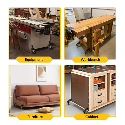Image of retractable workbench casters with quick release plate four pack on equipment and furniture for easy mobility.