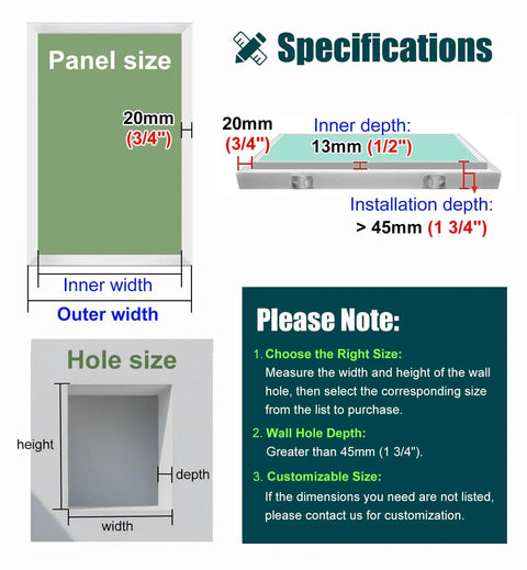 Specifications for Straight Up Reliable Concealed Access Door For Drywall And Metal 16 By 44 Inch Plumbing Cover Panel with dimensions.