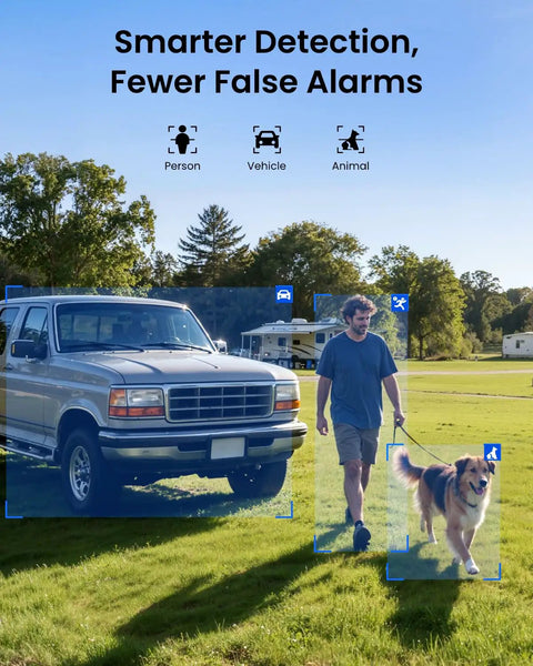 Man walking dog with vehicle in background under outdoor security surveillance, highlighting AI detection of person, vehicle, animal.