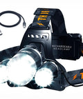 Ultra Bright USB C Headlamp With 1080 Lumens Dual Beam Flood And Spot Modes Rechargeable Battery shown with USB cable