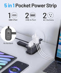 Ultra Portable Travel Power Strip With USB Ports And 4ft Extension Cord, 2 Outlets And 3 USB Ports, 1250W 125V Quick Charge, Black