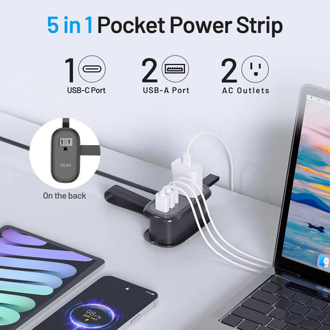 Ultra Portable Travel Power Strip With USB Ports And 4ft Extension Cord, 2 Outlets And 3 USB Ports, 1250W 125V Quick Charge, Black