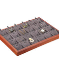 Top Tier Wooden Jewelry Organizer Tray With Plush Velvet Grids And Quick Swap Dividers For Earrings Necklaces And Pendants Keep Your Stash Sorted In This Slick Drawer Display Setup Gray showing organized jewelry.