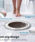 Premium Shower Drain Hair Catcher And Clog Prevention Protector Fits All US Standard Flat Drains with anti-slip silicone edge.