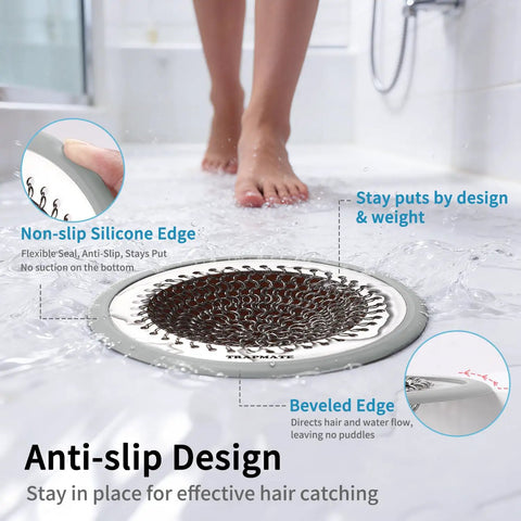 Premium Shower Drain Hair Catcher And Clog Prevention Protector Fits All US Standard Flat Drains with anti-slip silicone edge.