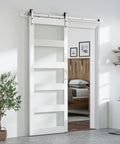 36 By 84 Inch Glass Barn Door With 6.6 Ft Brushed Nickel Sliding Hardware Kit And Handle, Pre Drilled Ready To Assemble, Waterproof PVC Coating, White, 5 Panel Glass Modern Farmhouse Style That Looks Slick installed in room