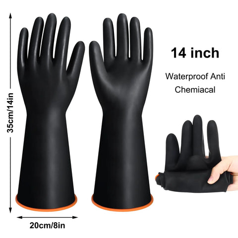 Kick Some Serious Grime With These Xl 14 Inch Latex Chemical Resistant Gloves Heavy Duty Rubber Kitchen Gear Waterproof Acid Alkali Oil Safe For Tackling Nasty Messes And Forearm Shielding, showcasing black 14-inch gloves.